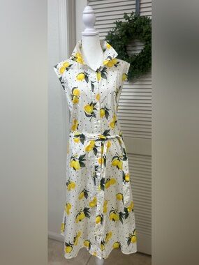Sleeveless White Lemon-Print Midi Shirt Dress with Tie Belt